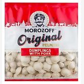 Package of Morozoff - Original Dumplings With Pork - 400g. The image features frozen dumplings in a clear bag with a red and white design, capturing the essence of traditional savory pork delights.